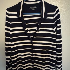 Navy Blue and White Striped V-Neck Sweater